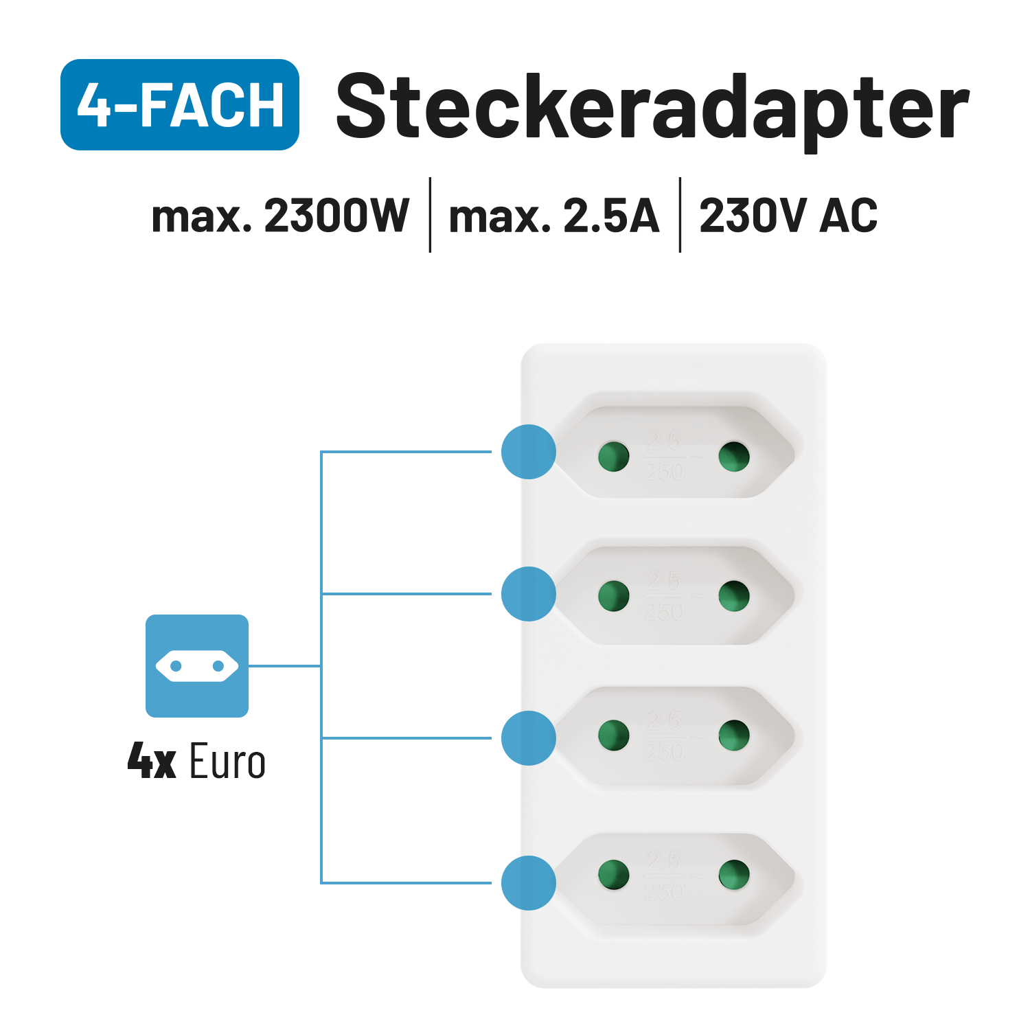 4fach Steckeradapter 4x Euro 2300W 2,5A 230V 504005-2