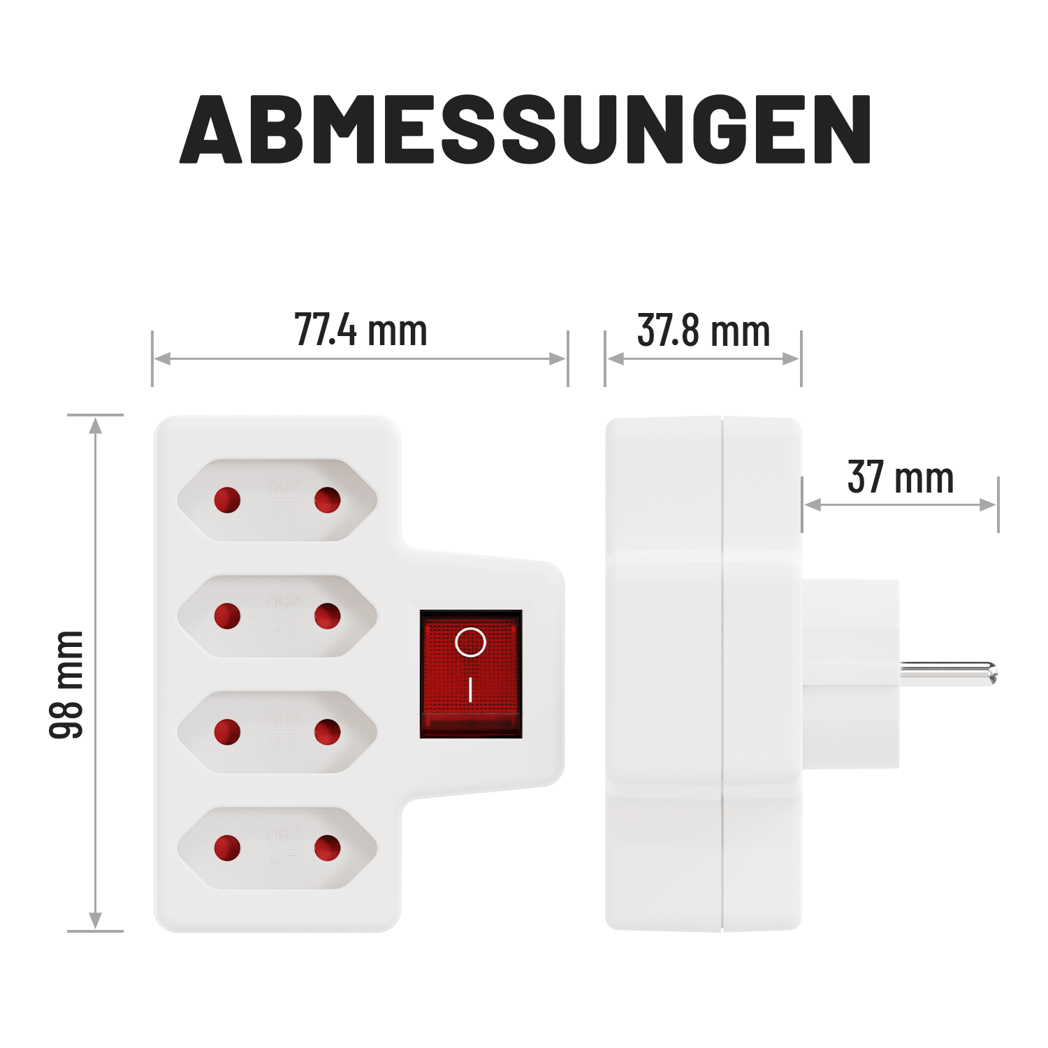 Abmessungen 4fach Euro Aadapter mit Schalter 98mm 77,4mm 37mm 504007-5
