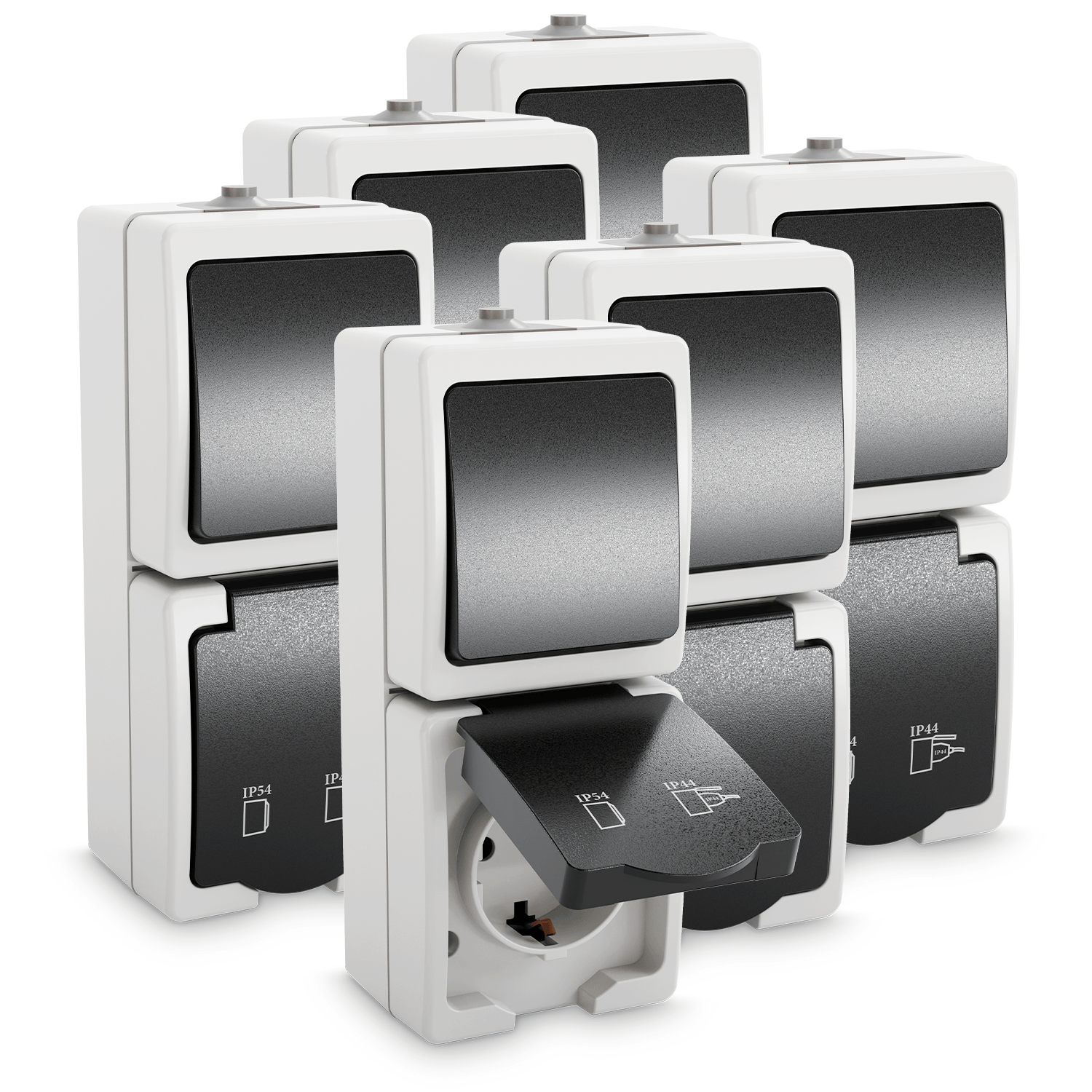 Aufputzschalter und Aufputzsteckdose IP54 501050 Hauptbild 6er Pack