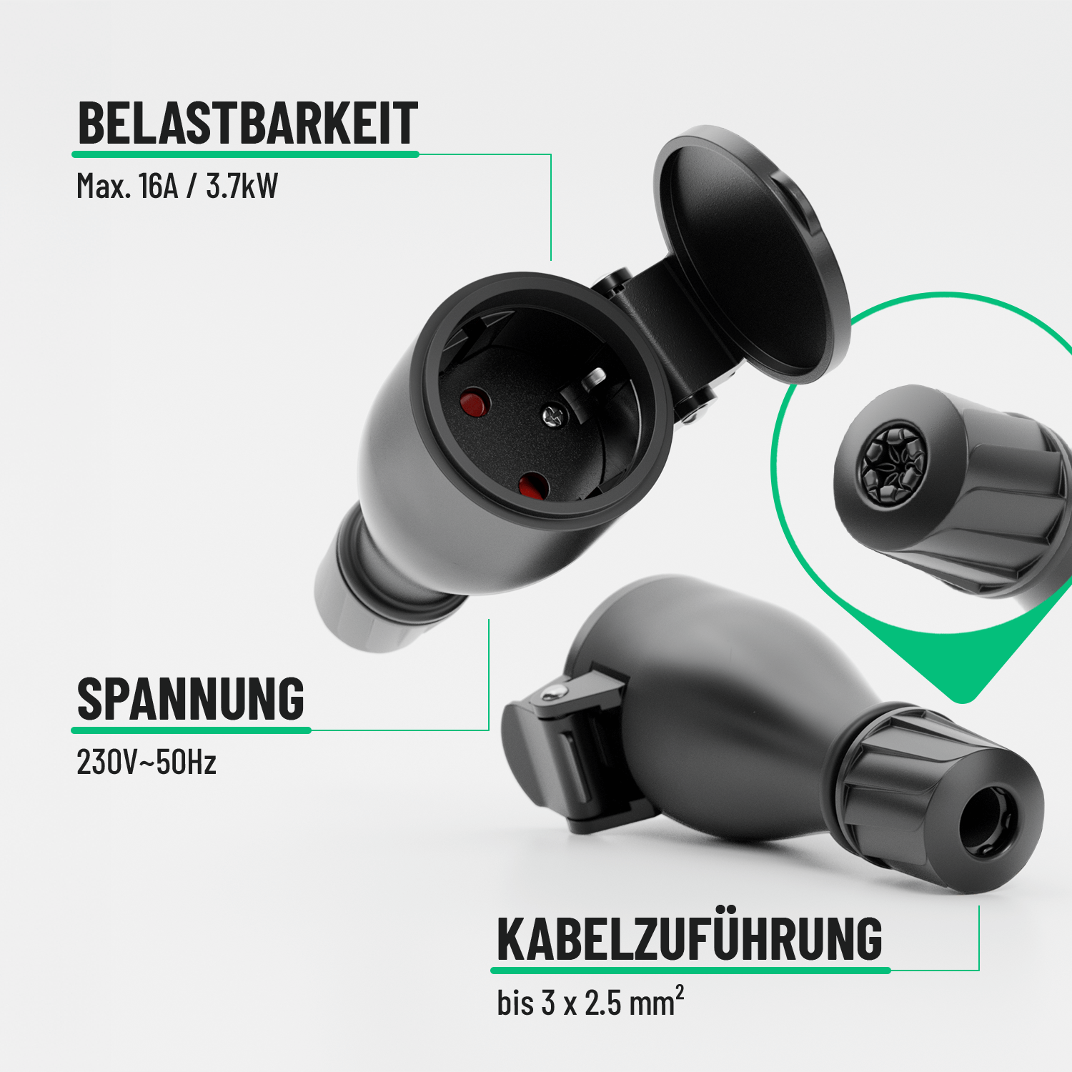 Aussenkupplung Knickschutz Zugentlastung wasserdicht schwarz Belastbarkeit 230V 16A Kabelzuführung 501401-2