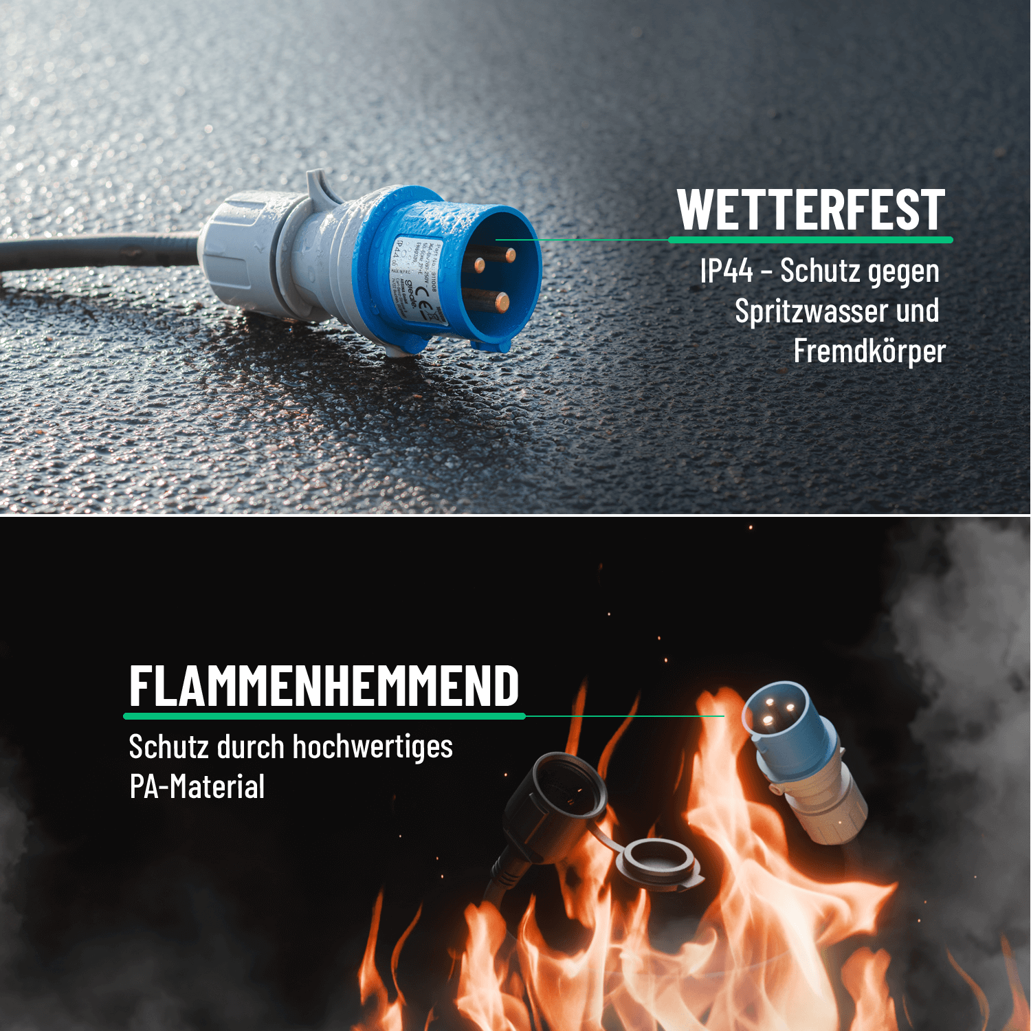 CEE-Kupplung Schuko-Adapter Set wetterfest IP44 mit Deckel flammenhemmend 911008_91100