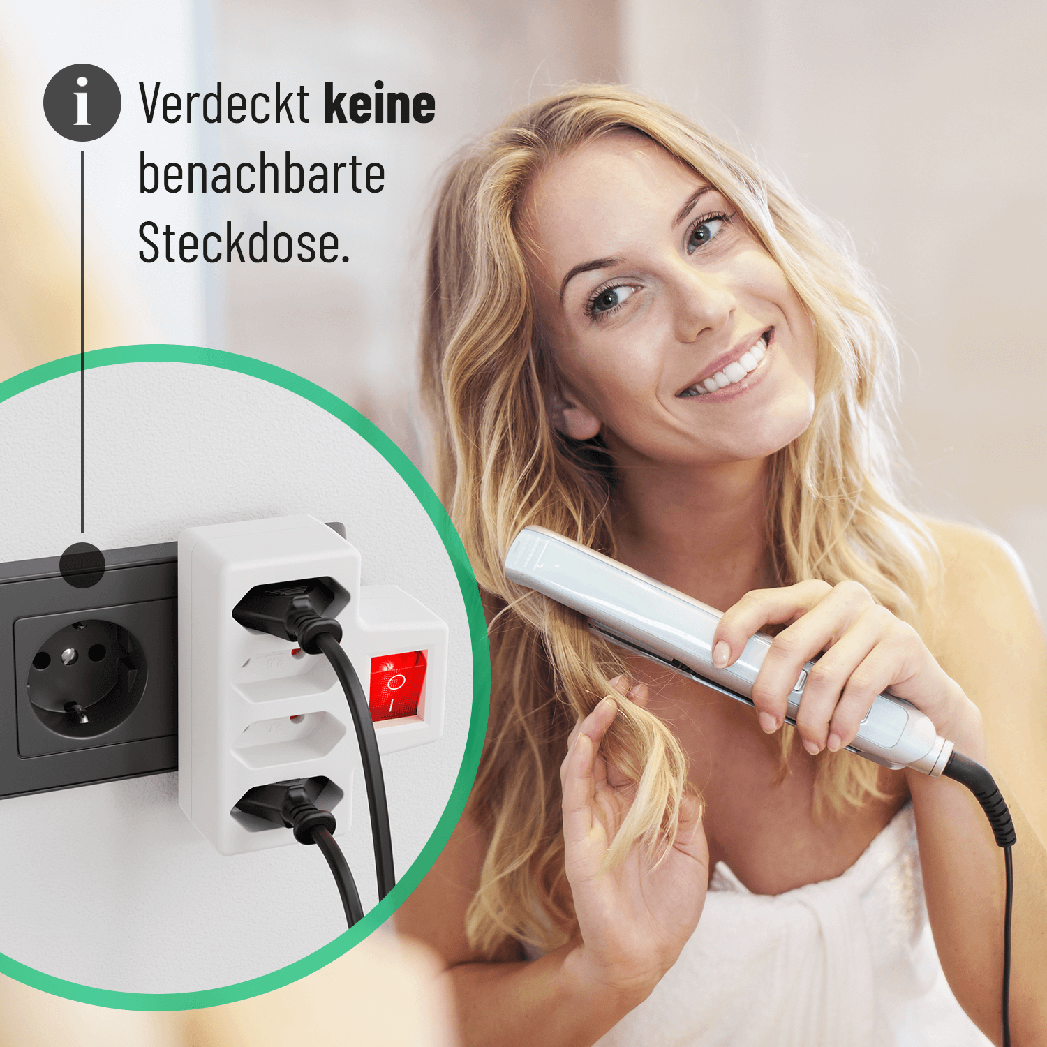 Eurostecker Verteiler verdeckt keine benachbarte Steckdose 4fach Adapter mit Schalter 504007-1