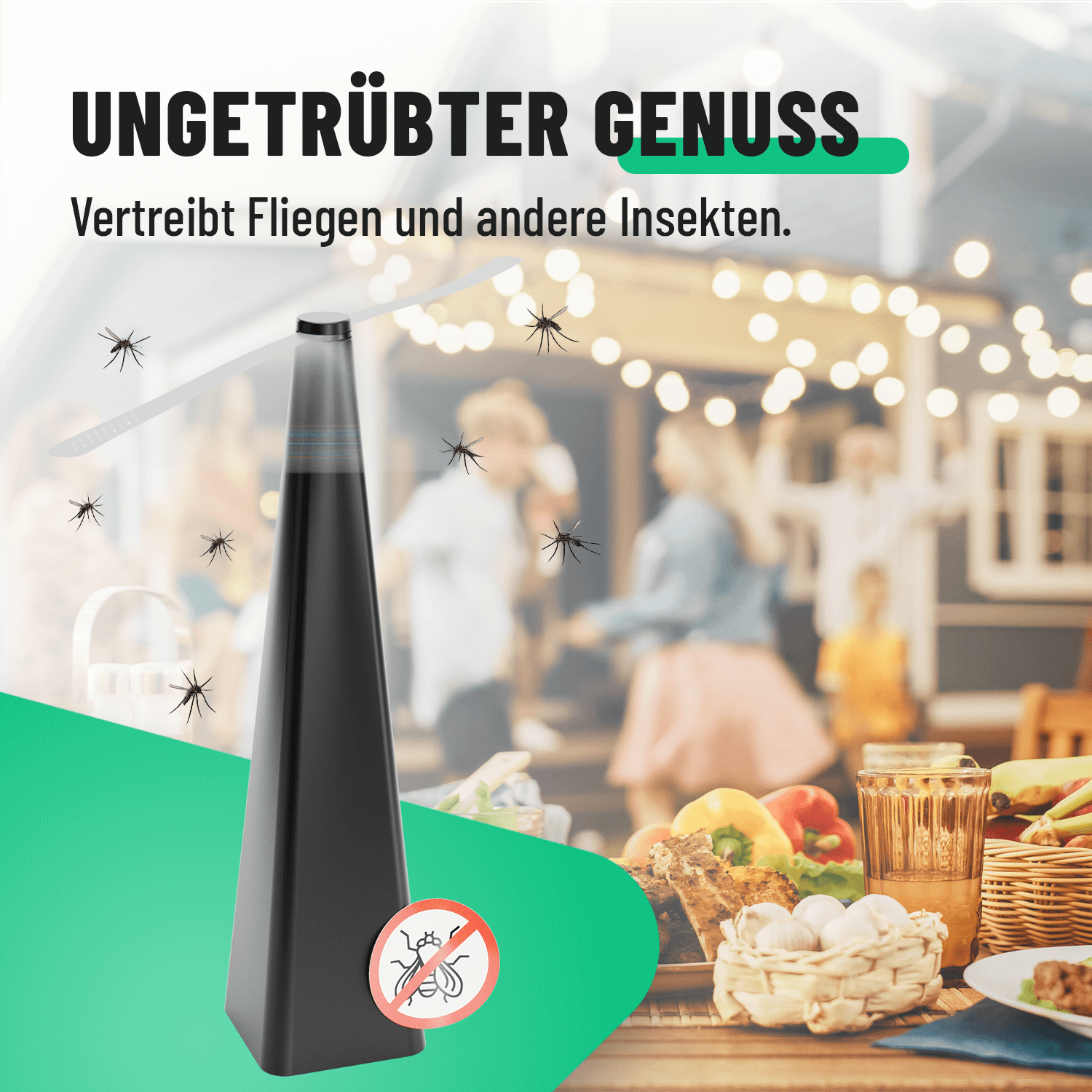 Fliegenwedler vertreibt Fliegen beim Essen 901015-1