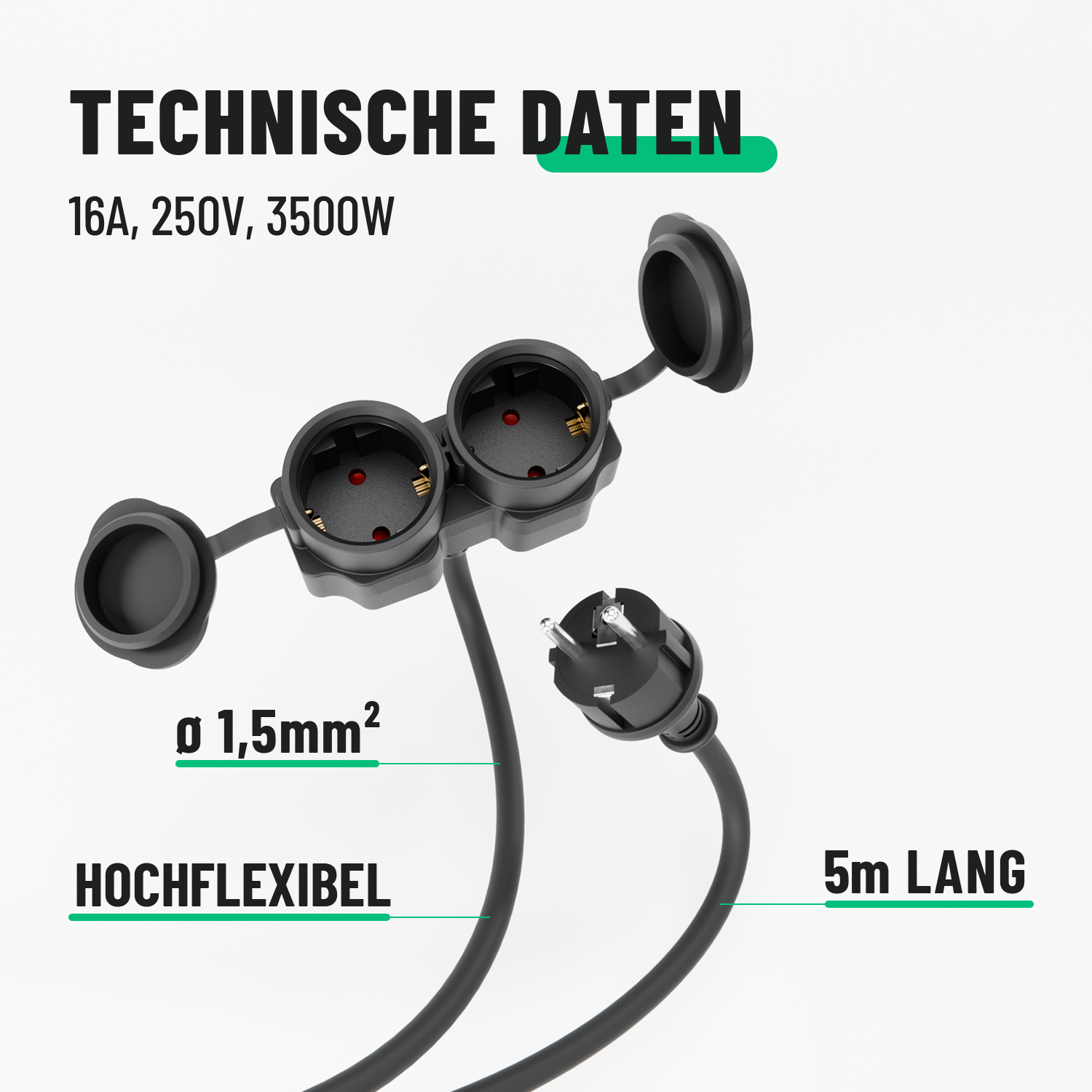 2fach Schuko Verlängerungskabel Outdoor 5m