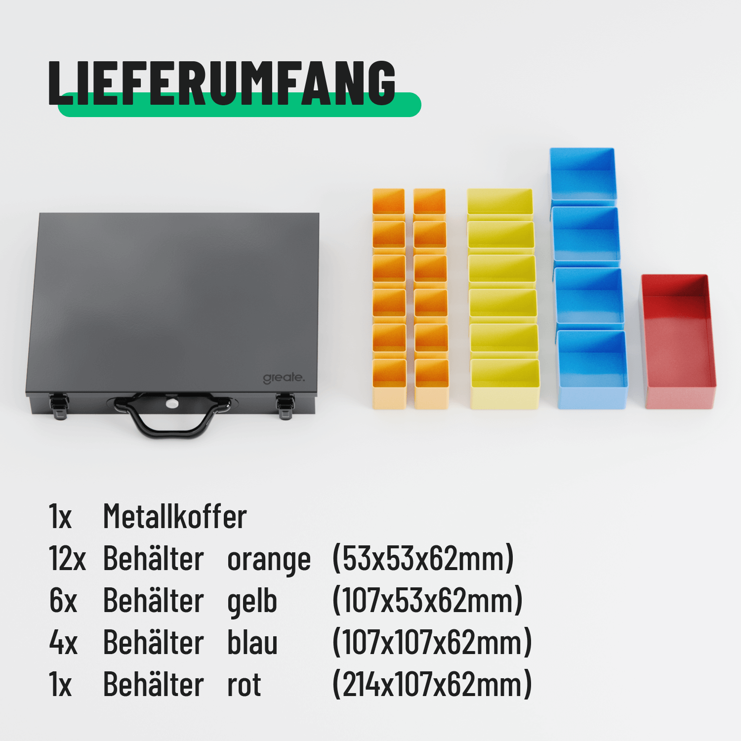 Lieferumfang mit Metallkoffer und Behältern in verschiedenen Farben 101400-5