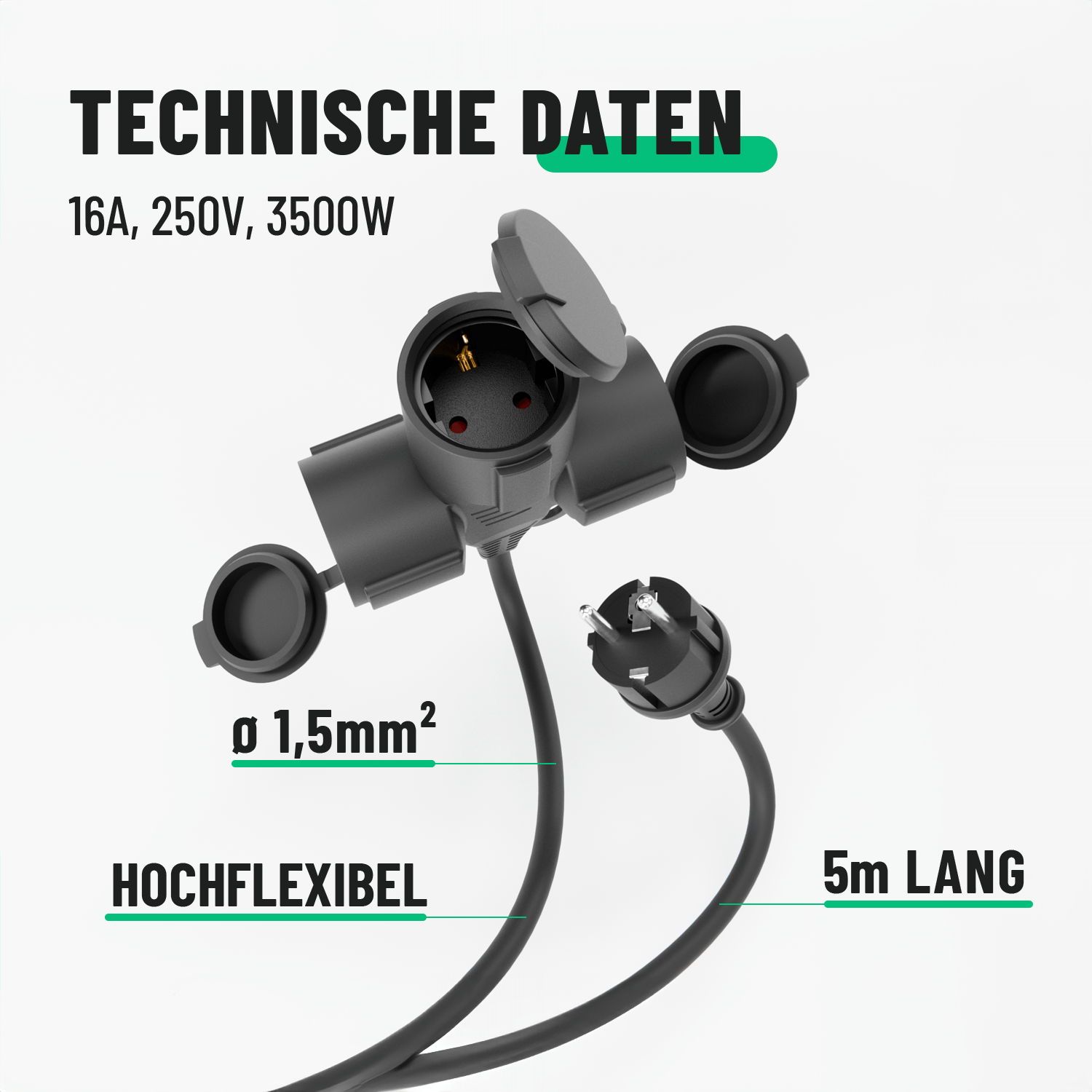 Mehrfachsteckdose Verlängerung Technische Daten Verlängerungskabel 5m 3-fach 16A 250V 3500W hochflexibel 911003-5