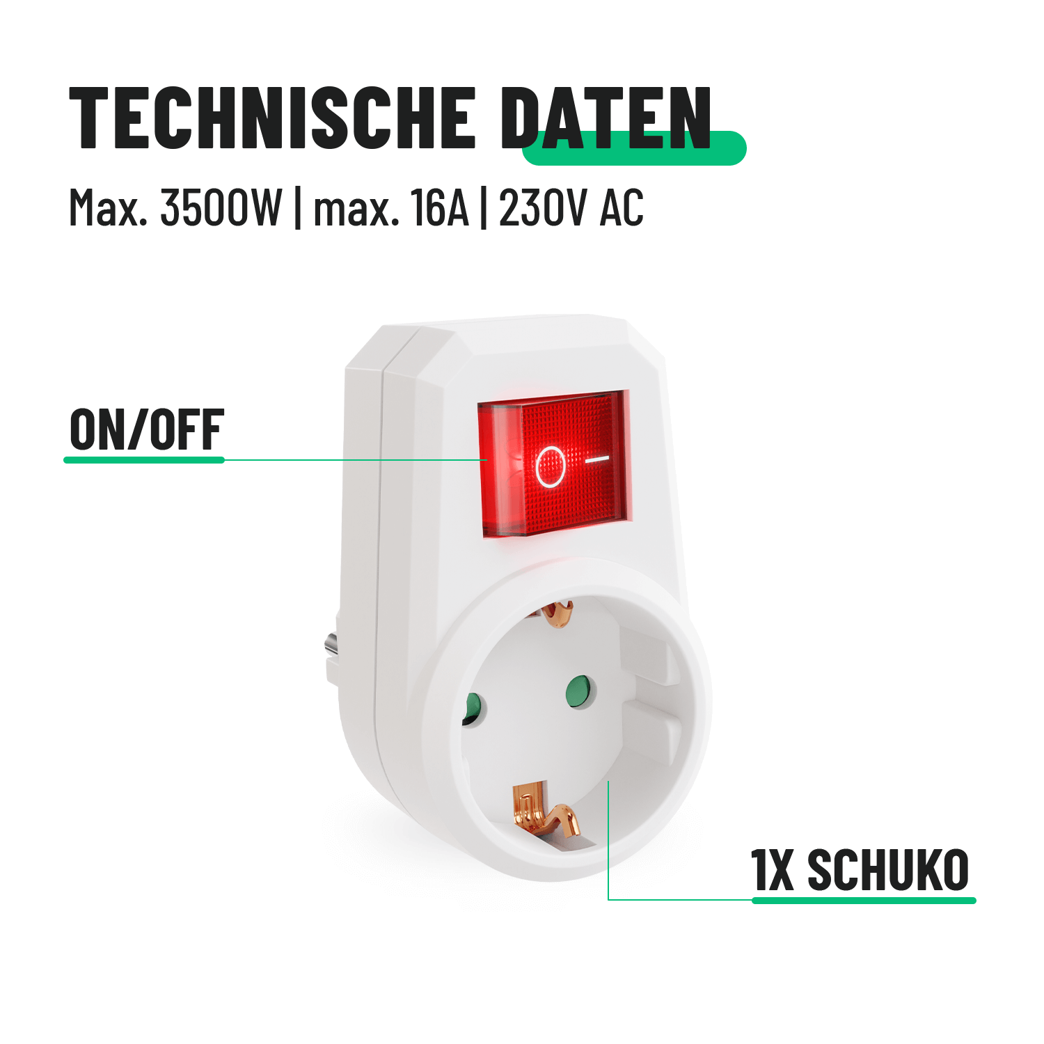 Schuko Adapter mit Schalter Steckdose Ausschalter technische Daten 16A 230V 3500w 504001-4