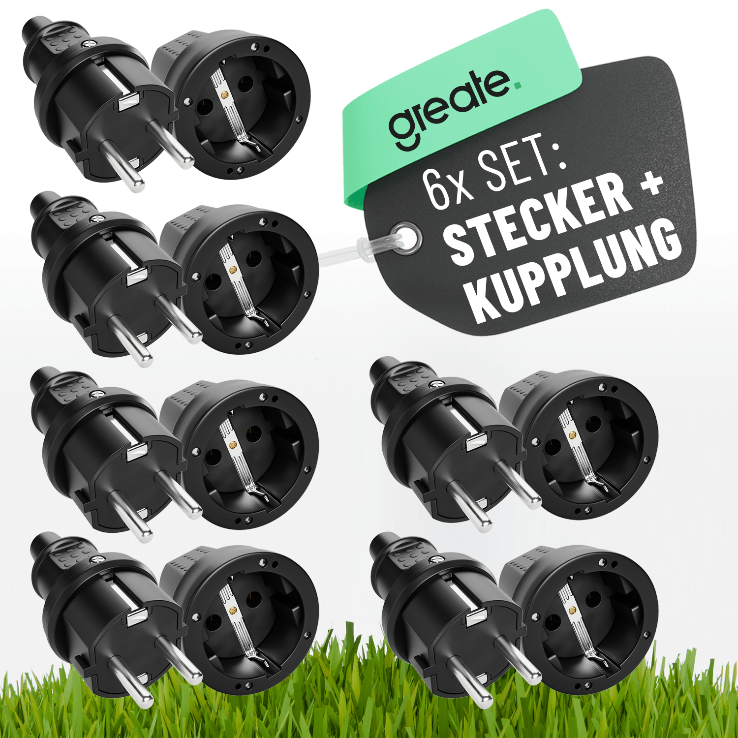 Schuko Stecker und Kupplung 230V 2-polig Schutzkontakt schwarz 503030 503040 hauptbild 6er Pack