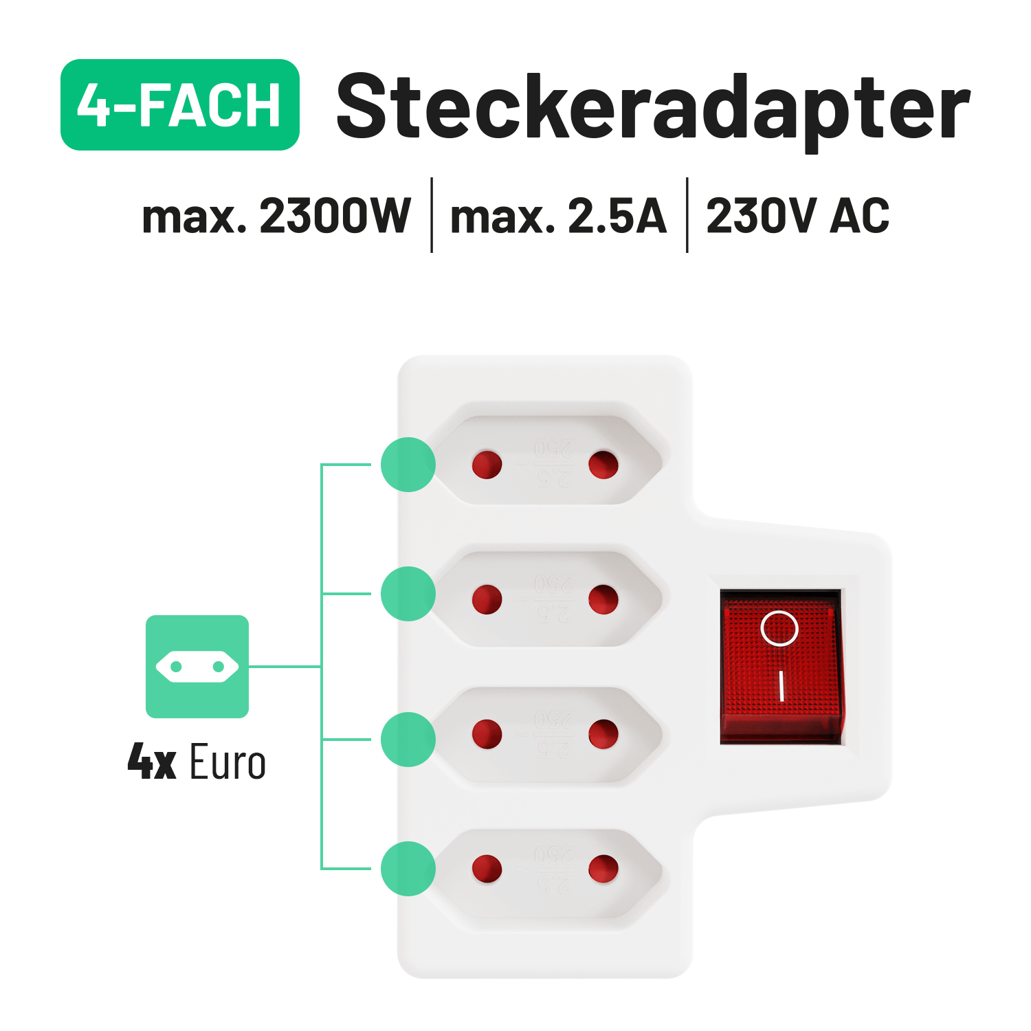 Steckdosenadapter 4fach Mehrfachstecker Steckeradapter 4x Euro 2300W 2,5A 230V mit Schalter 504007-2