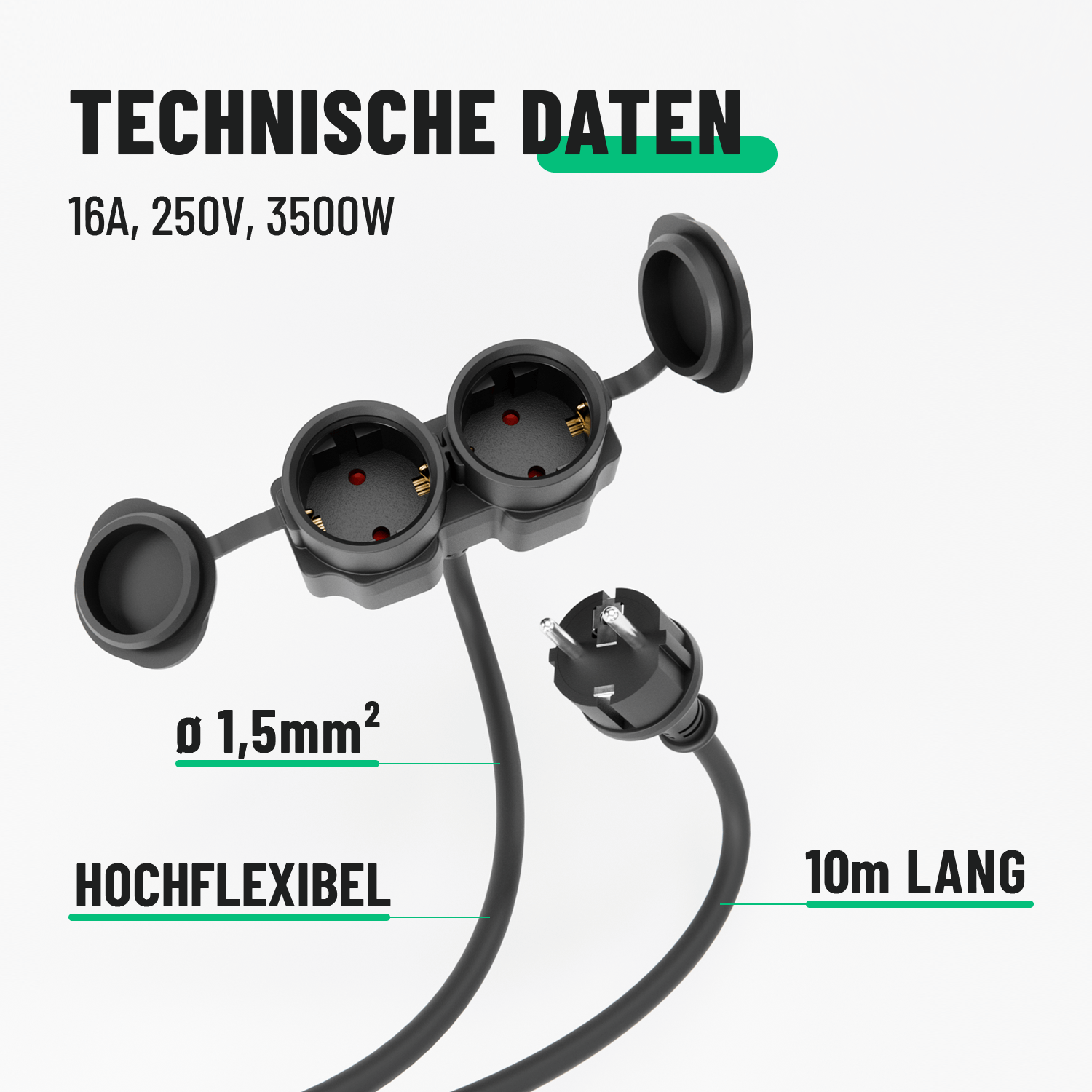 Technische Daten Verlängerungskabel Mehrfachsteckdose draussen 10m 16A 250V 3500W hochflexibel 911001-5