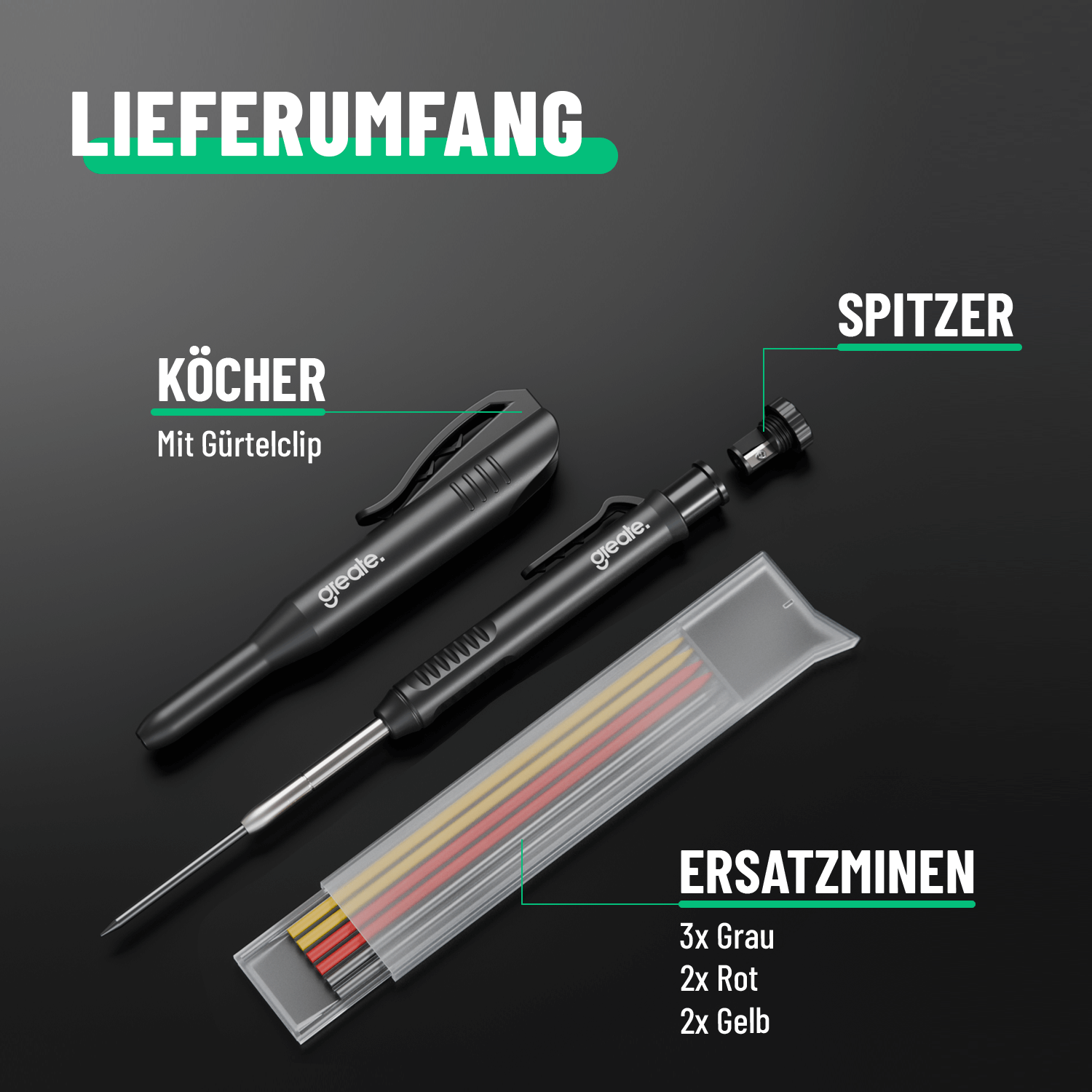 Tiefenlochmarker Lieferumfang inklusive Ersatzminen, Spitzer und Köcher 101207-2