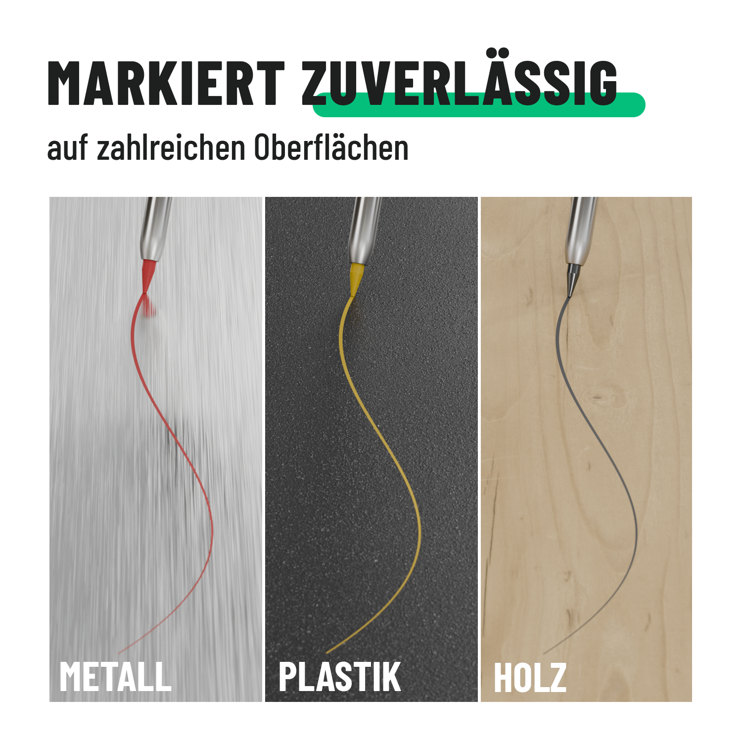 Tiefenlochmarkierer markiert auf Oberflächen wie Metall, Holz und Kunststoff 101207-3