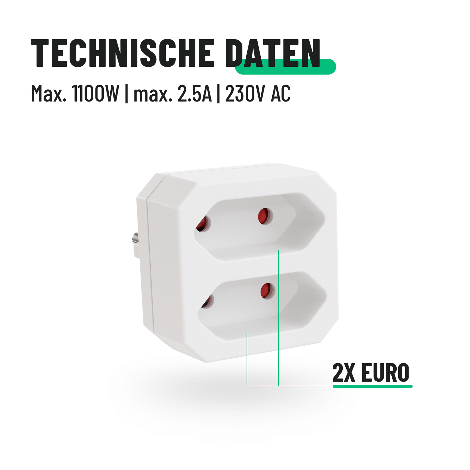 Zweifach Steckdosenadapter Doppelstecker Eurostecker technische Daten 2x Euro 1100w 2,5A 230V 504002-4