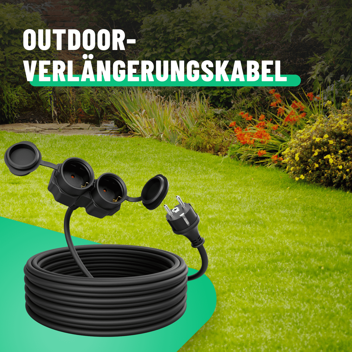 2fach Mehrfachsteckdose Outdoor Verlängerungskabel Aussenbereich 10m für Garten und Terrasse