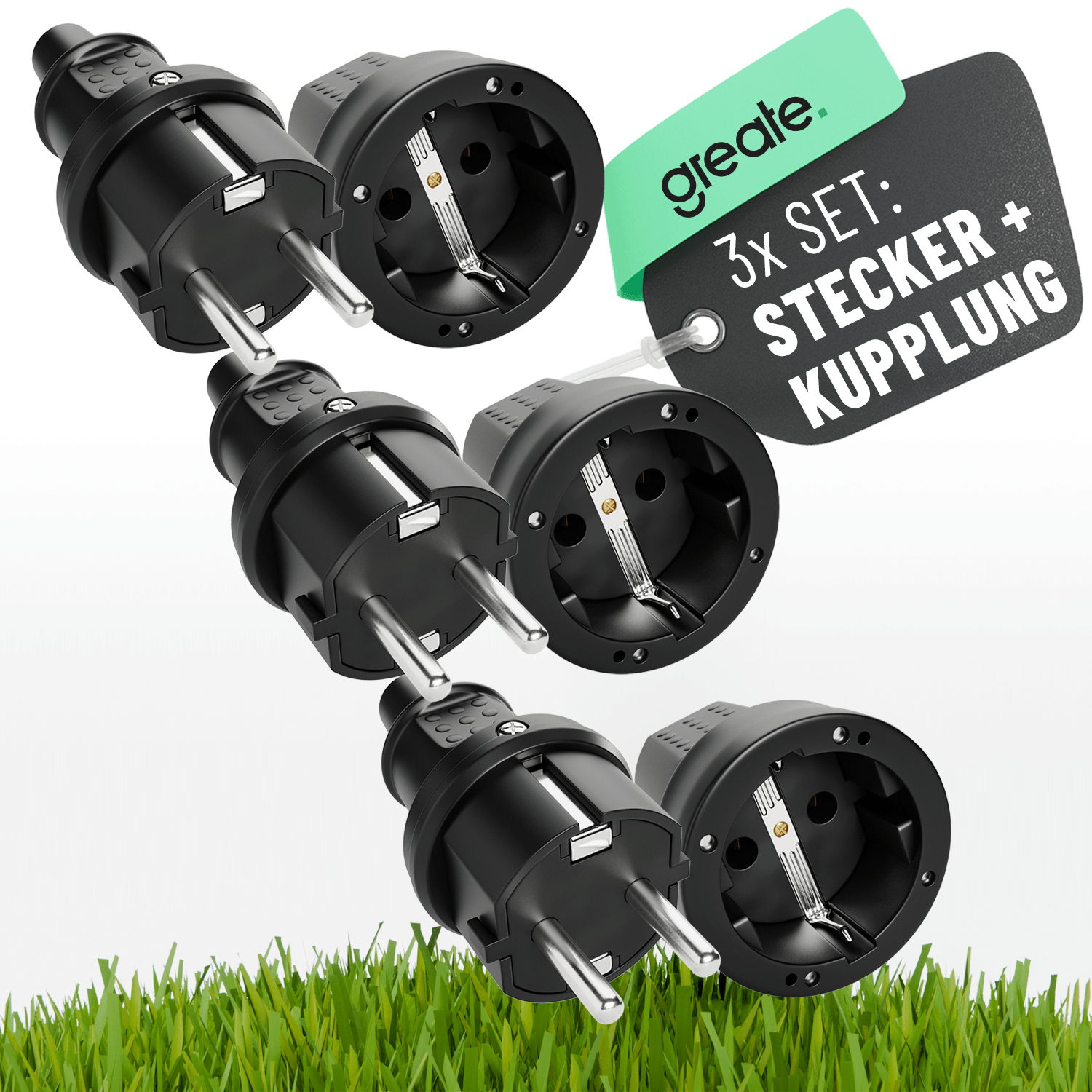 3x Schuko Stecker und Kupplung 230V 2-polig Schutzkontakt schwarz 503030-503040 Hauptbild