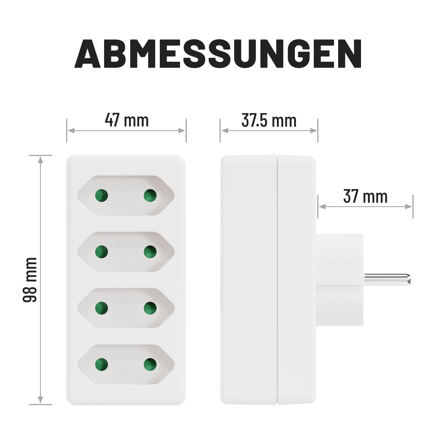 Abmessungen 4fach Euro Adapter 98mm 47mm 37,5mm 37mm 504005-4