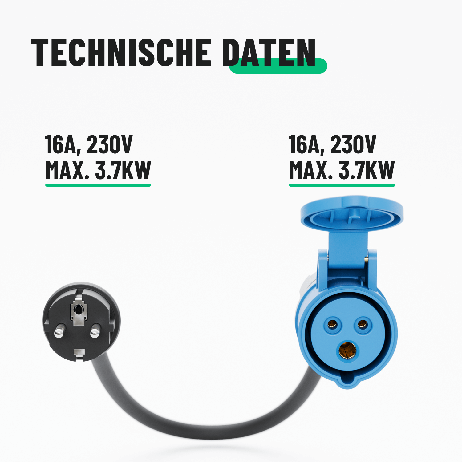 Adapter Schuko Stecker auf CEE technische Daten Elektroauto Camping 16A 230V 3.7kw 911009-3