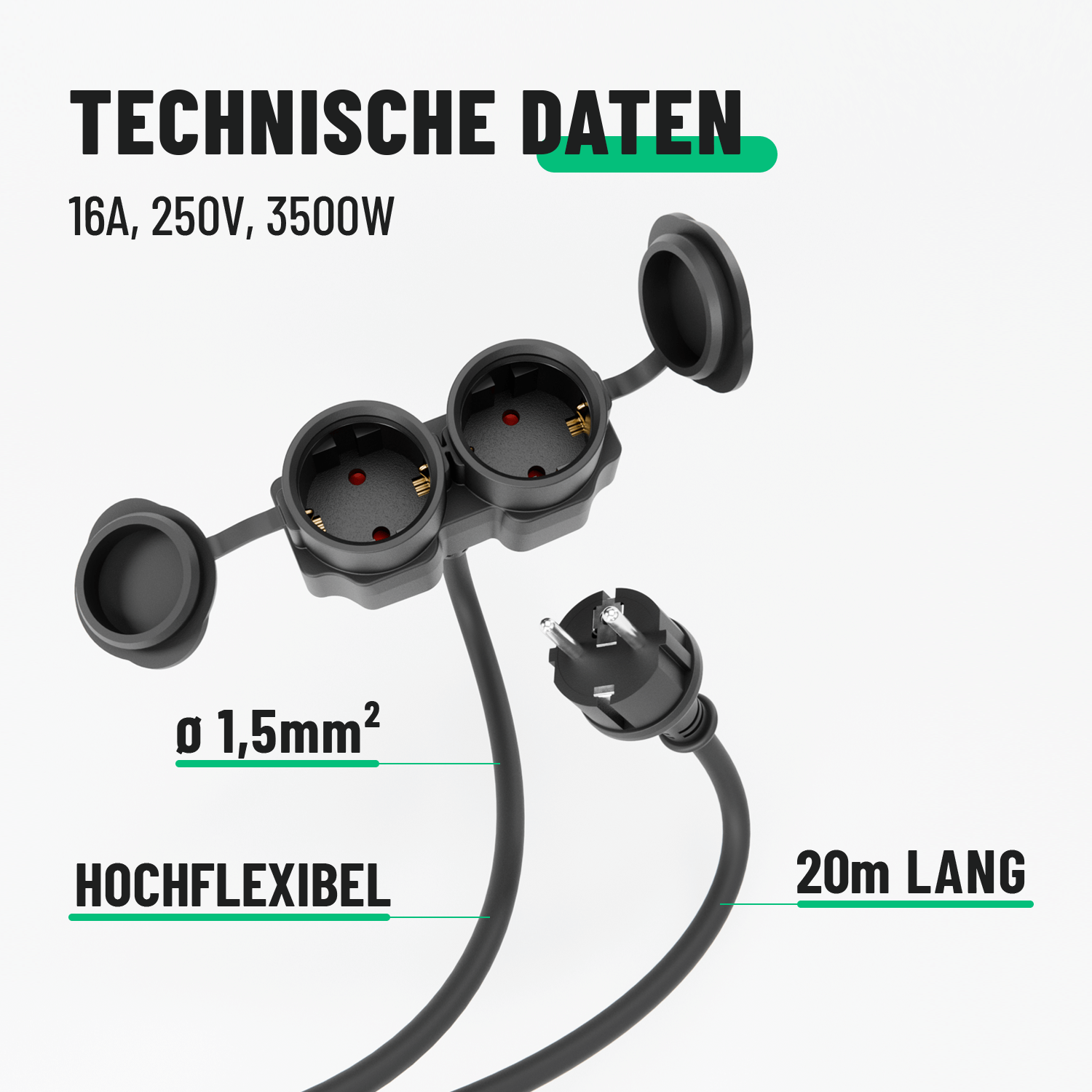 Aussenbereich Outdoor Verlängerungskabel technische Daten 20m 16A 250V 3500W hochflexibel 911002-5