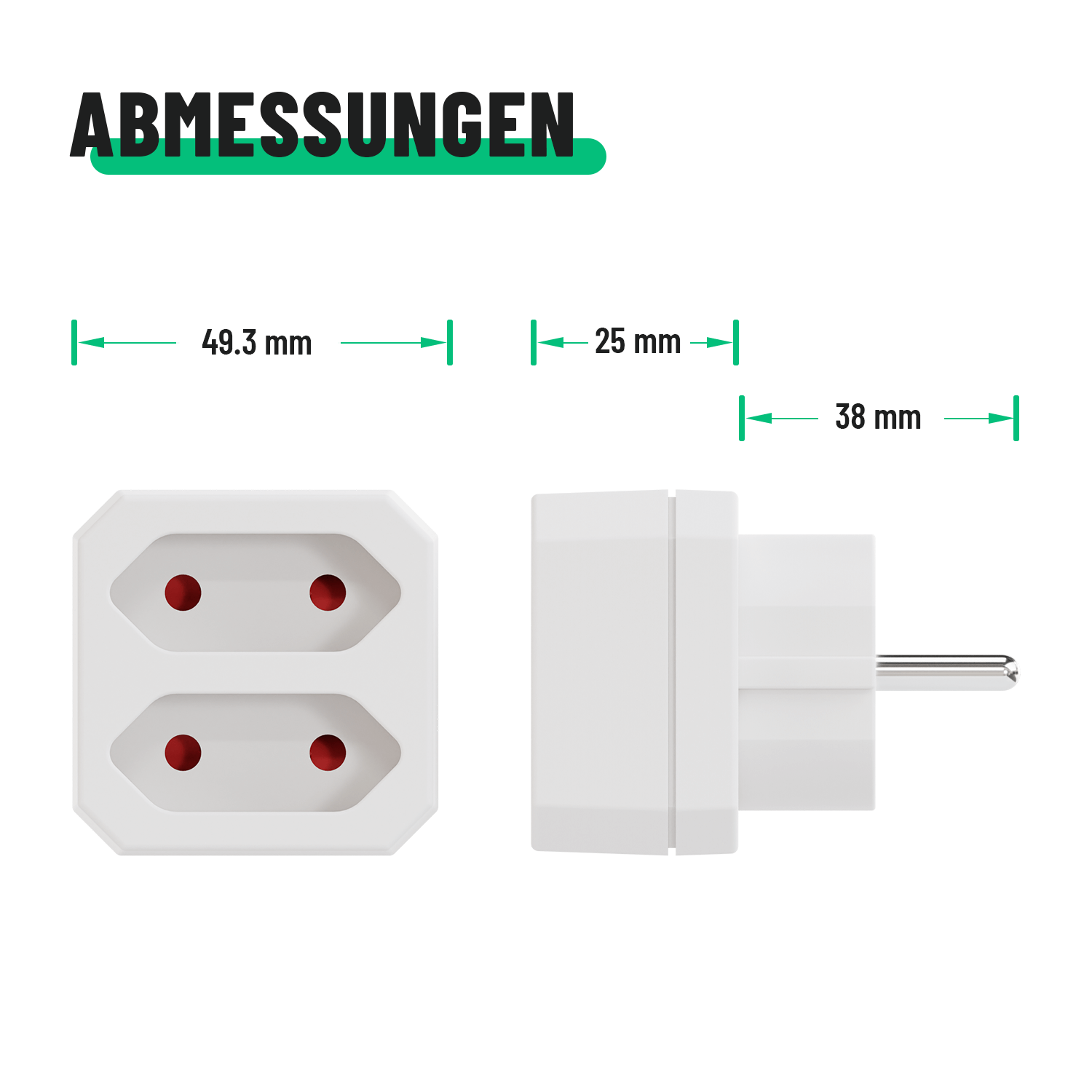 Doppelstecker für Steckdose 2fach 2x Euro Abmessungen 49,3mm 25mm 38mm 504002-5