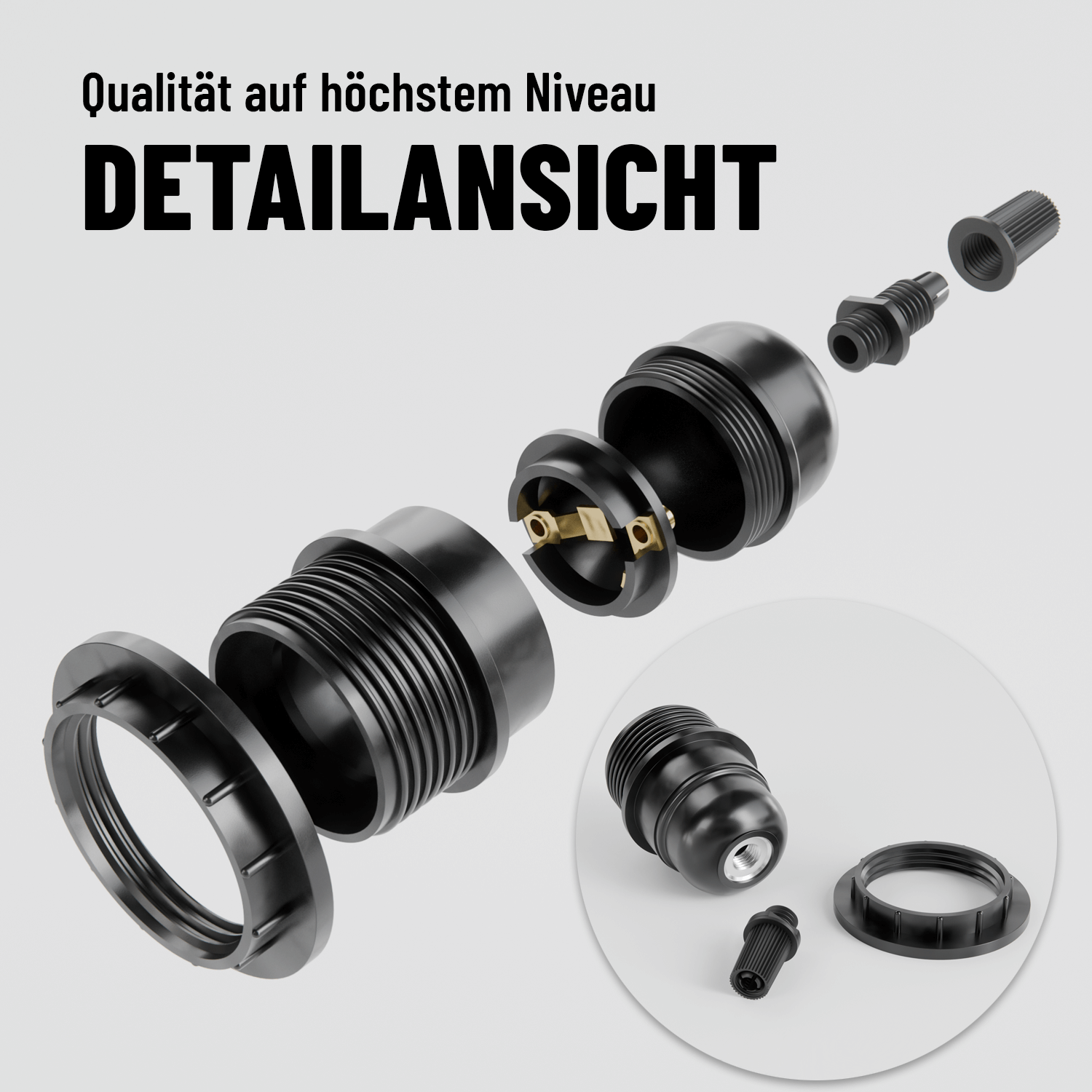 E27 Lampenfassung Fassung schwarz Detailansicht hochwertige Qualität 505004-3-4