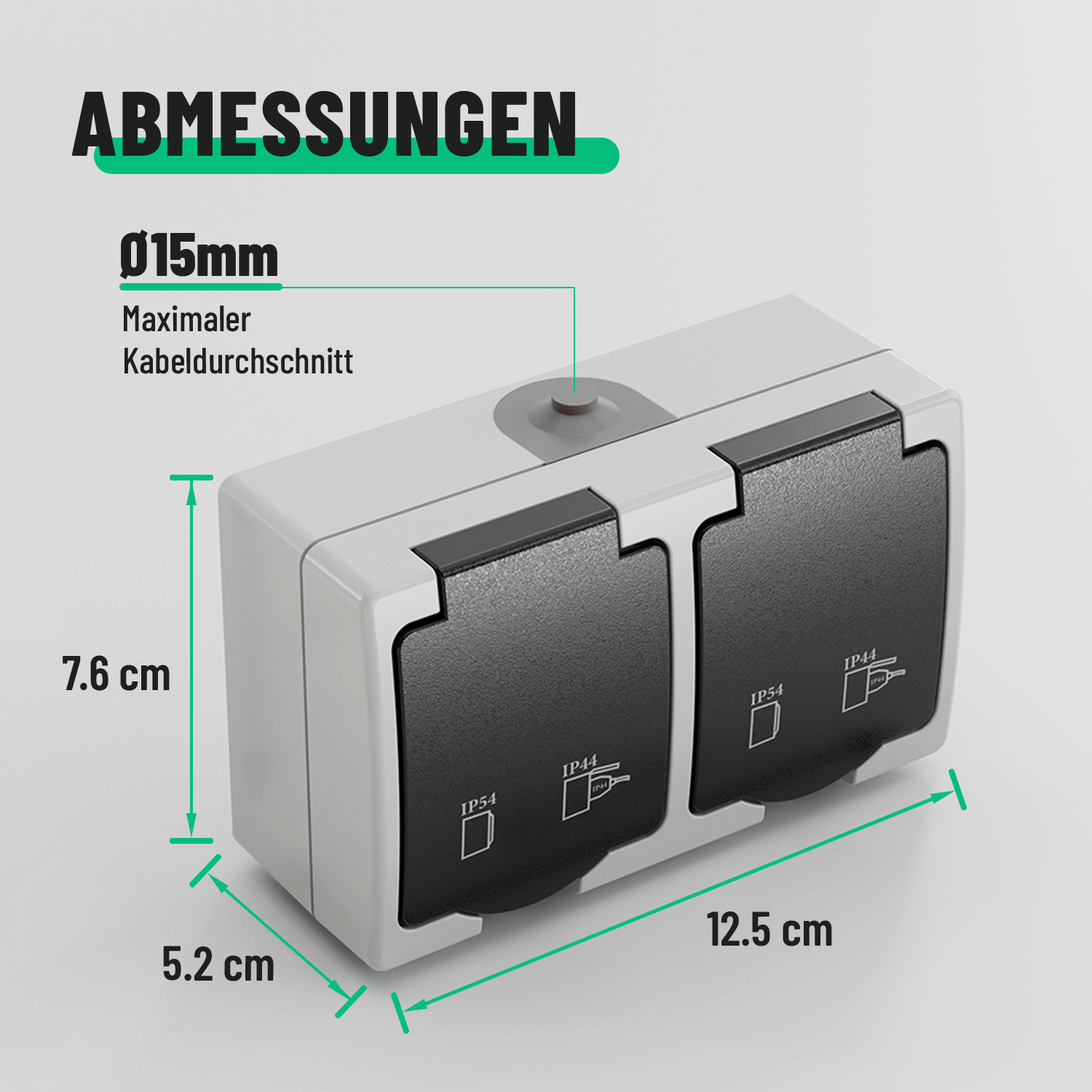 Feuchtraum Steckdose Aufputz mit Klappdeckel Abmessungen 15mm Kabeldurchschnitt 501030-4