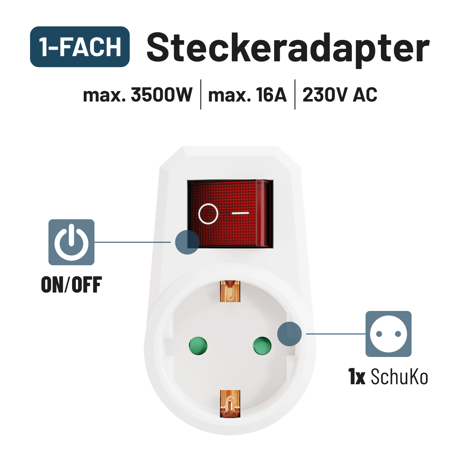 1fach Steckdosenadapter mit Schalter