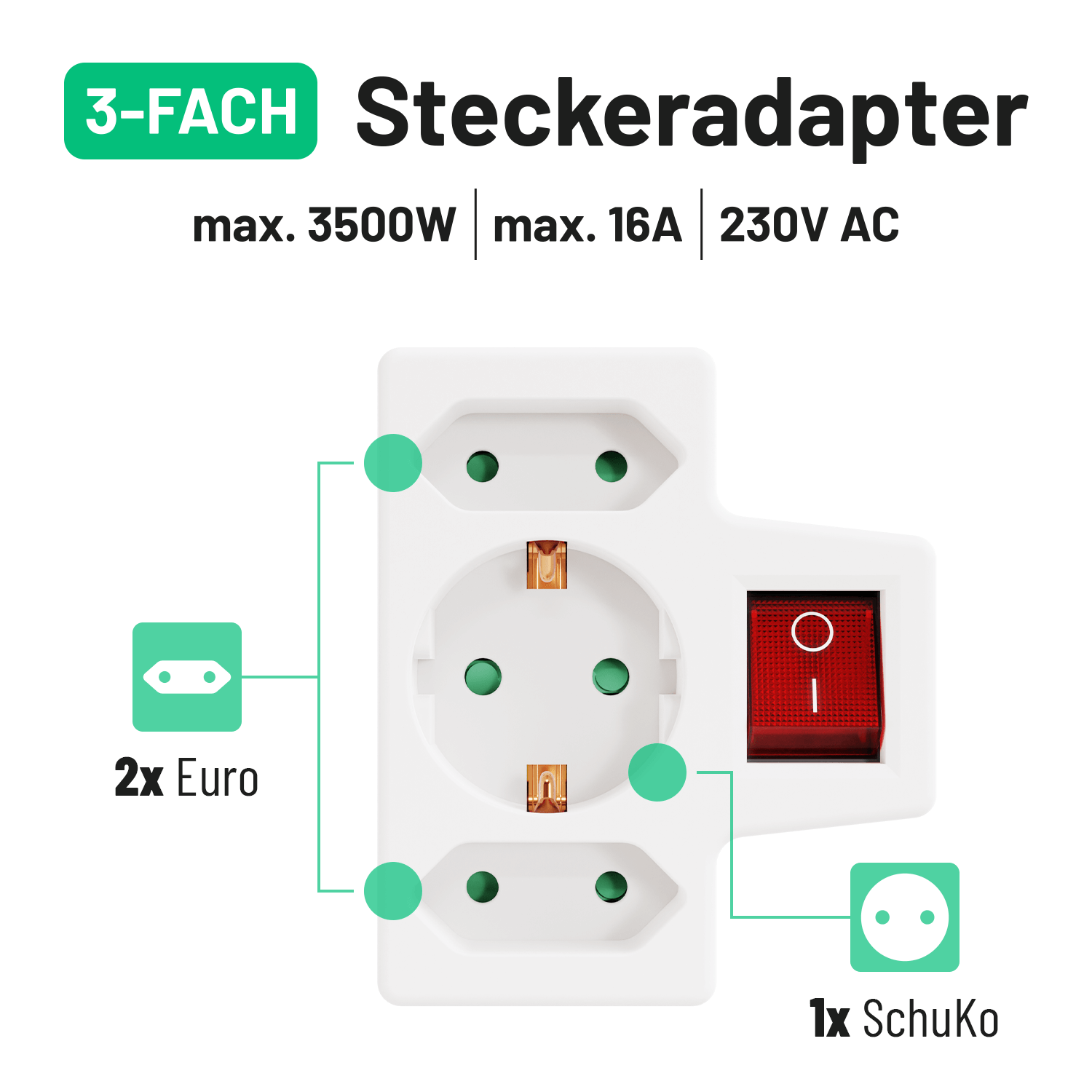 3fach Steckdosenadapter mit Schalter & Schuko