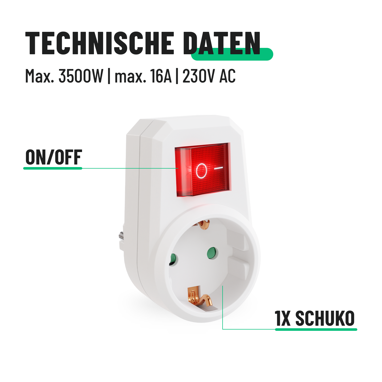 1fach Steckdosenadapter mit Schalter
