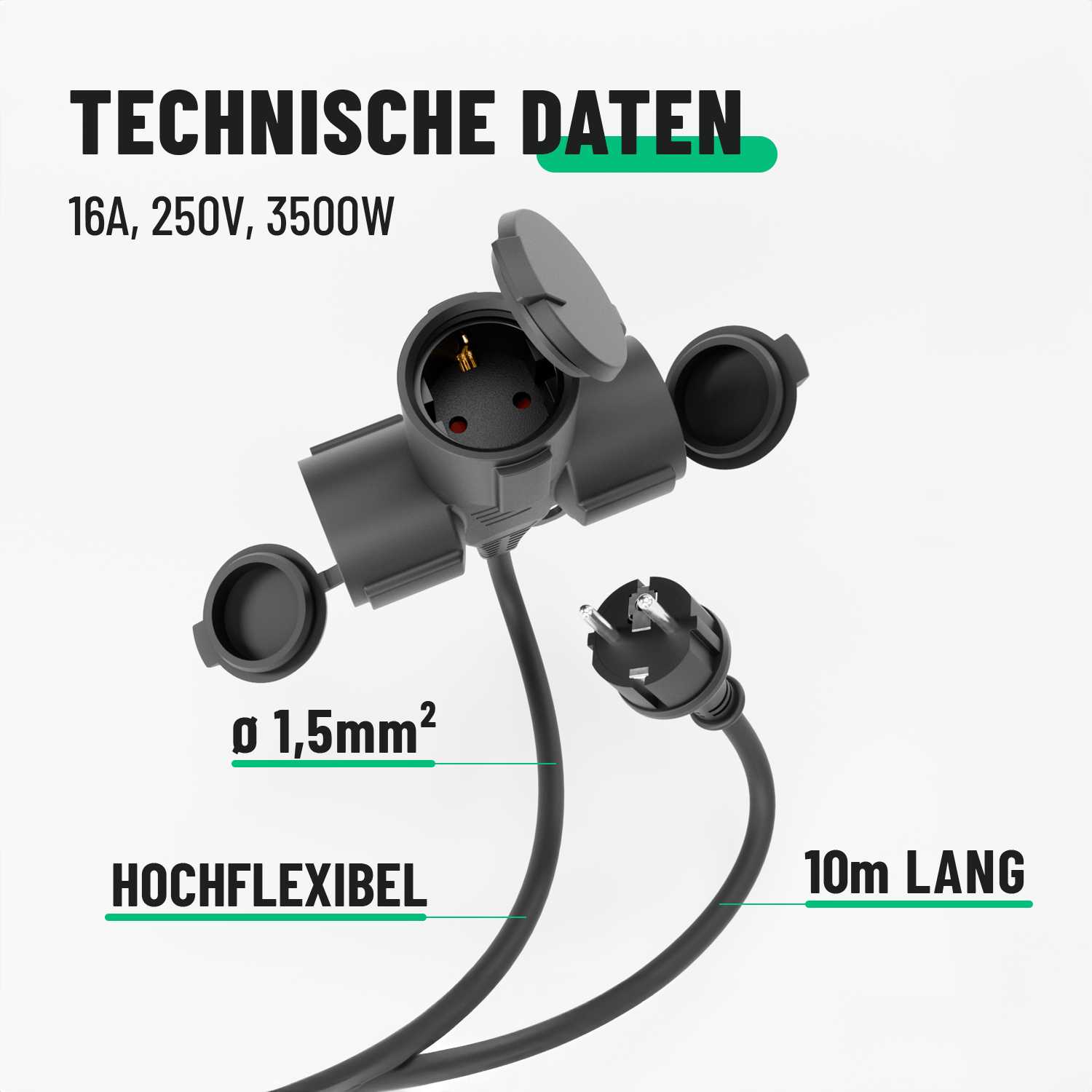 Mehrfachsteckdose technische Daten Verlängerungskabel 10m 3-fach 16A 250V 3500w hochflexibel 911004-5