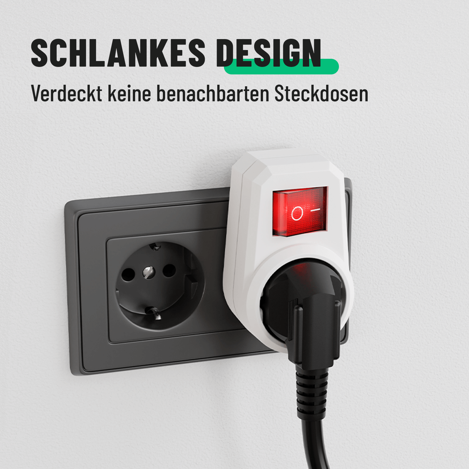 Schuko Adapter mit Schalter Steckdose Ausschalter schlankes Design Steckdosenadapter verdeckt keine Steckdosen 504001-1
