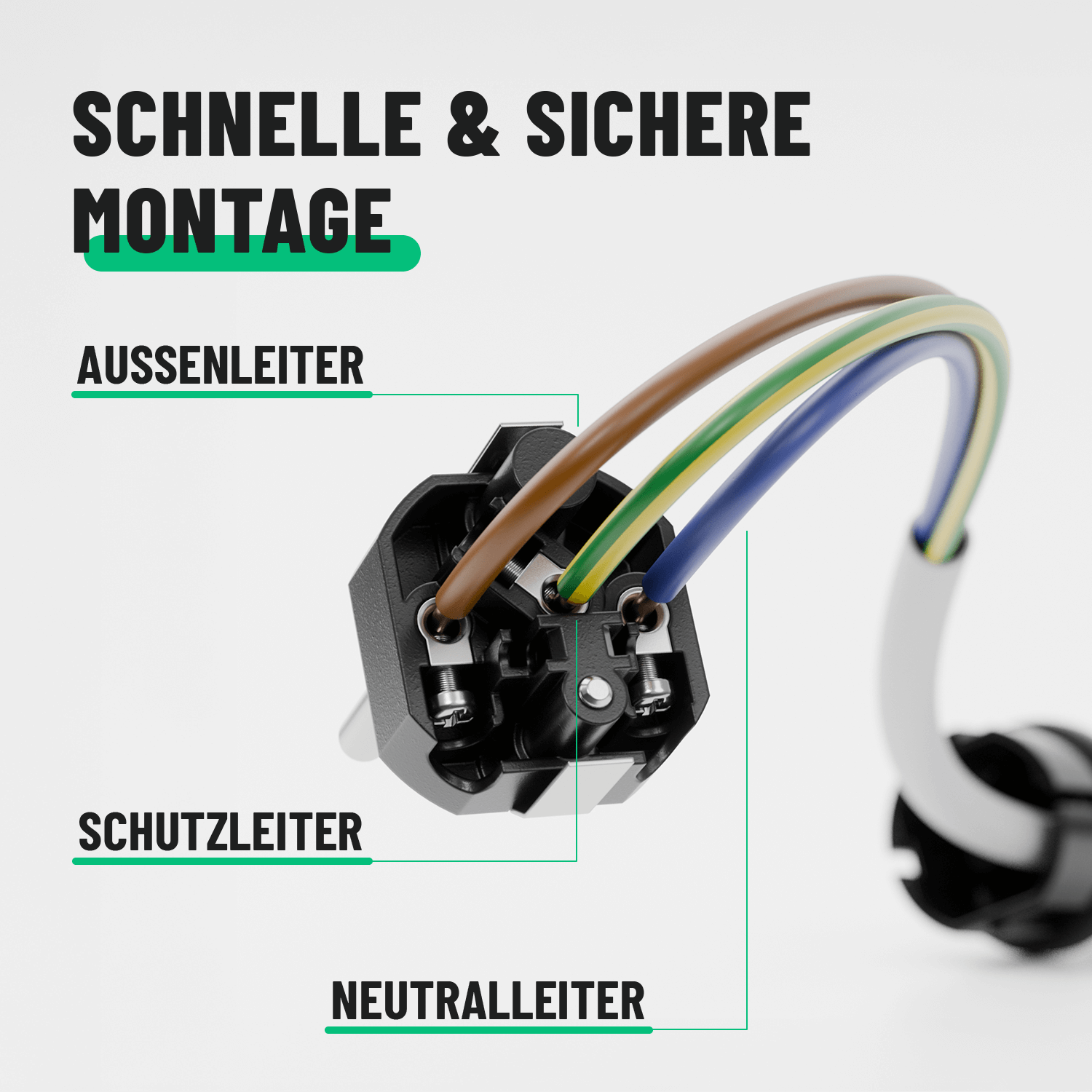 Schuko Stecker 2-polig wasserdicht schwarz Montage Aussenleiter Schutzleiter Neutralleiter 501400-4