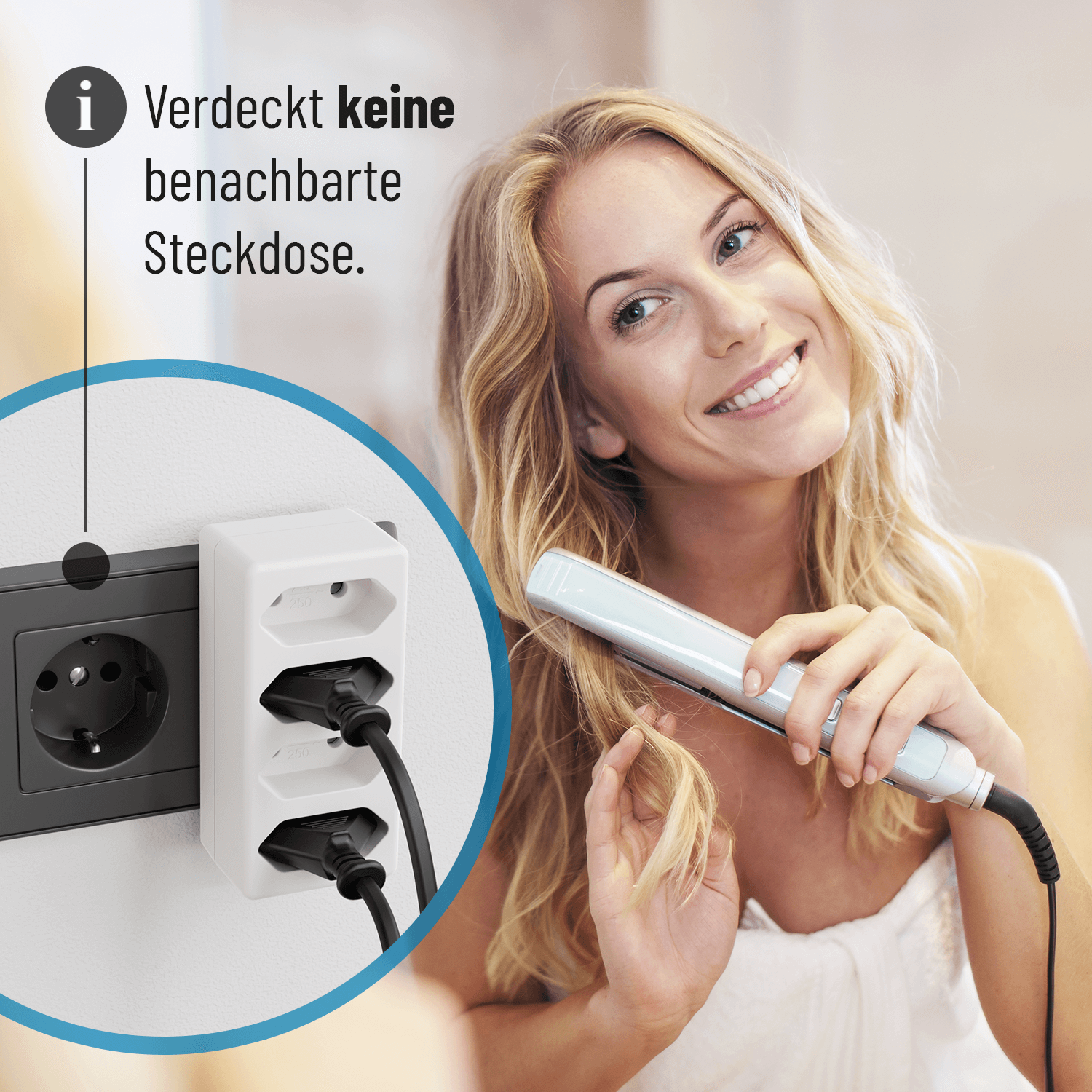 Verdeckt keine benachbarte 
Steckdose 4fach Euro Adapter 504005