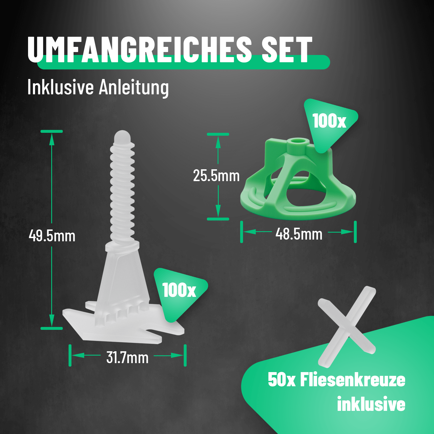 Verlegehilfe für Fliesen Set mit 100 Laschen, 100 Hauben & 50 Fliesenkreuze 101206-5